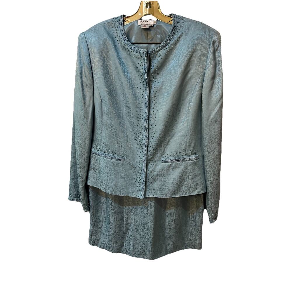 Adrianna Papell Women’s Gray Blue Size 12 100% Silk Skirt Suit Beaded 2 Pc Set